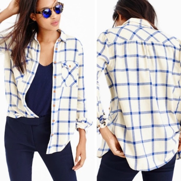 J. Crew Tops - J. Crew off white Cream blue Plaid Button-Down Flannel Shirt 100% Cotton 2